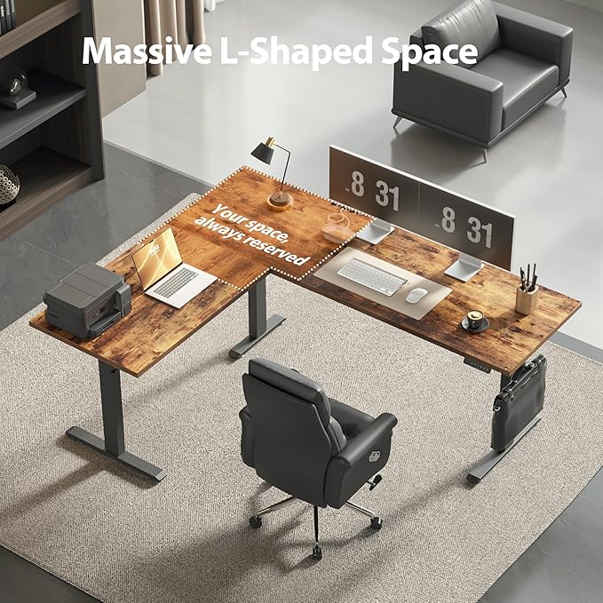 Agilestic Triple Motors 73 x 60 L Shaped Standing Desk Electric Standing Desk Adjustable Height Extra Large Desktop Corner Table for Home Office Gaming Workstation Splice Board Rustic Brown
