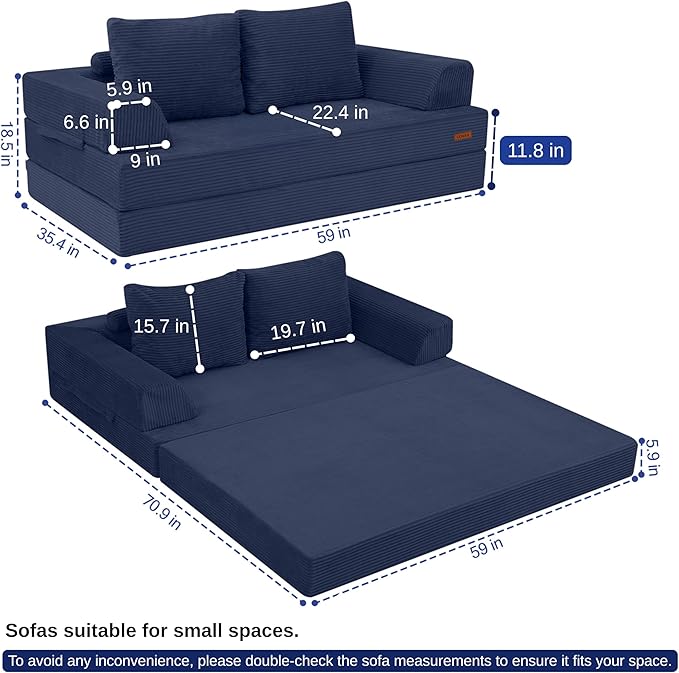 COMAX Convertible Sofa Bed Folding Floor Couch Corduroy Fold Out Couch Bed Futon Sleeper Mattress with Pillows Boneless Sofa Comfy Lounge Loveseat for Living Room Bedroom Navy