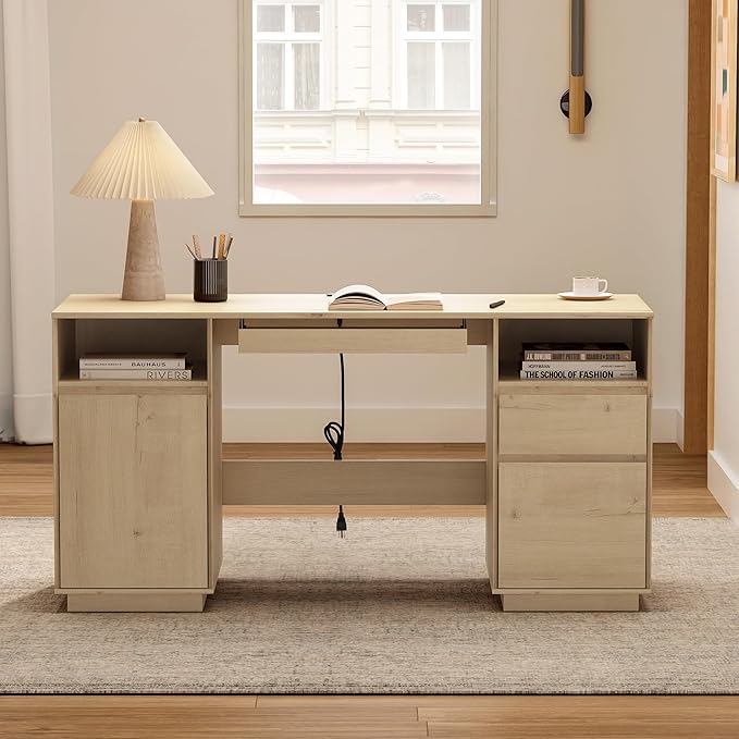 59 Farmhouse Office Desk Wide Home Executive Desk with File Drawer &amp Open Storage &amp Power Outlet Wooden Computer Desk for Study Writing Light Oak