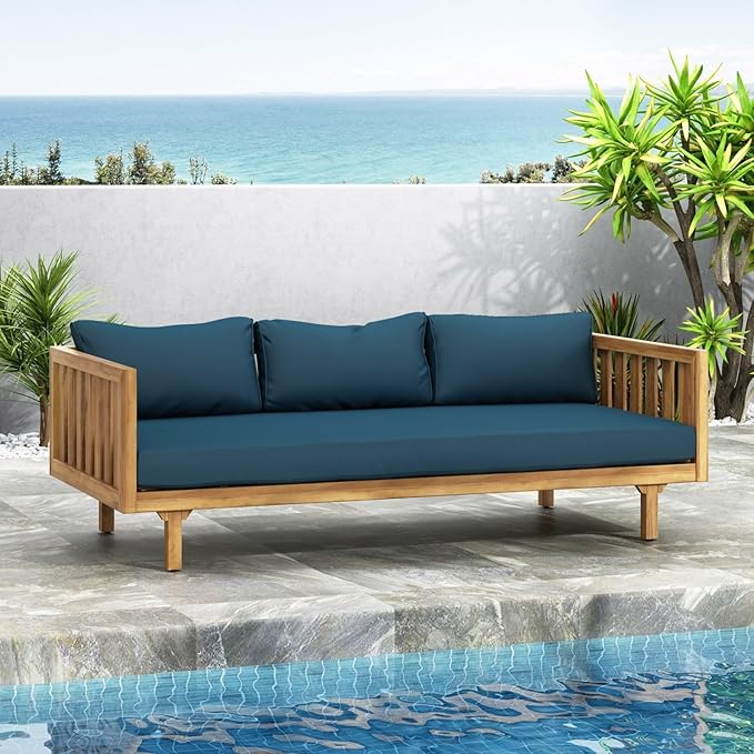 Merax Solid Acacia Wood Couch Chaise Lounge Chair Indoor 3 Seater Daybed Sofa Couches with Cushions &amp Pillow Heavy Frame Day Bed for Living Room Office Outdoor Balcony Patio Water Resistant