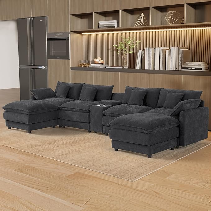 145 Oversized Modular Sectional Sofa U Shaped Cloud Couch 6 Seat Sofa Set for Living Room Comfy Chenille Deep Seat with Storage Central Console Movable Ottomans Cup Holders USB Ports Black Grey