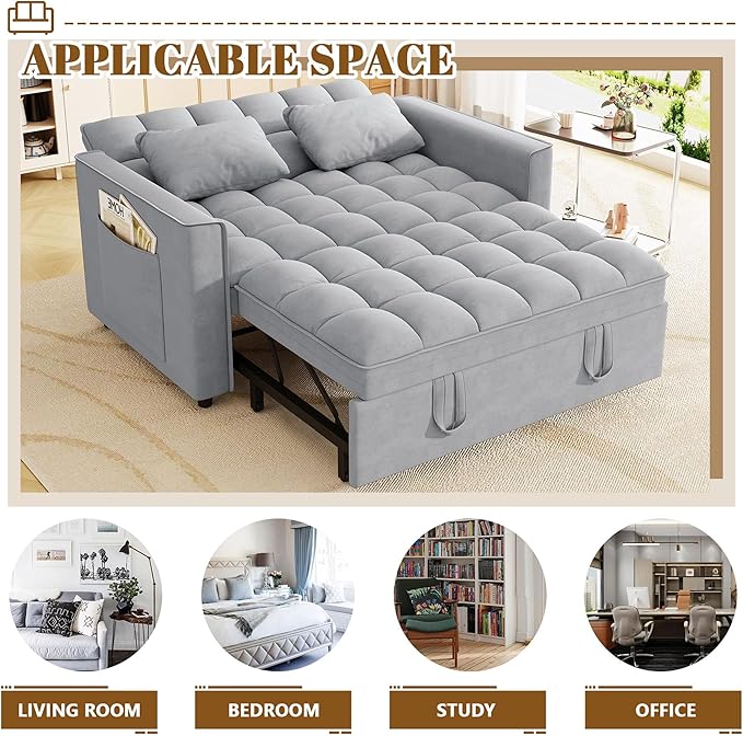 3 in 1 Convertible Sleeper Sofa Bed 52'' Velvet Pull Out Couch Bed with Comfy Pillows &amp Adjustable Backrest/Side PocketsFuton Loveseat Sleeper Sofa for Small Spaces Living Room Bedroom (Gray)
