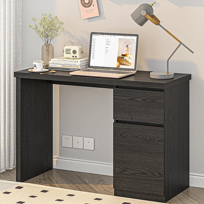 furtble Computer Desk with Drawers 43 Inch Wood Work Desk Home Office PC Desk Workstation with Storage Modern Computer Table for Bedroom Living Room Black