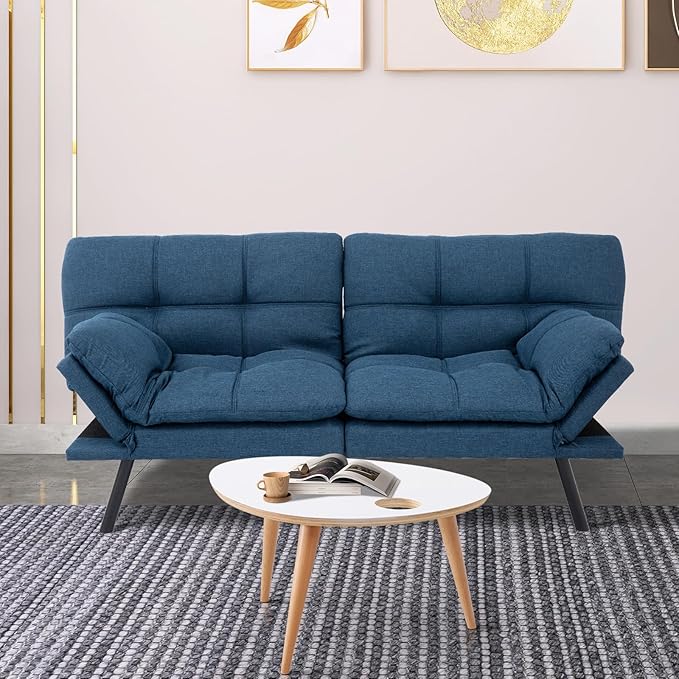 MUUEGM Futon Sofa Bed Couch Sofa Memory Foam Futon Sleeper Sofa Loveseat Convertible Couch Bed for Small Compact Spaces Apartment Blue.