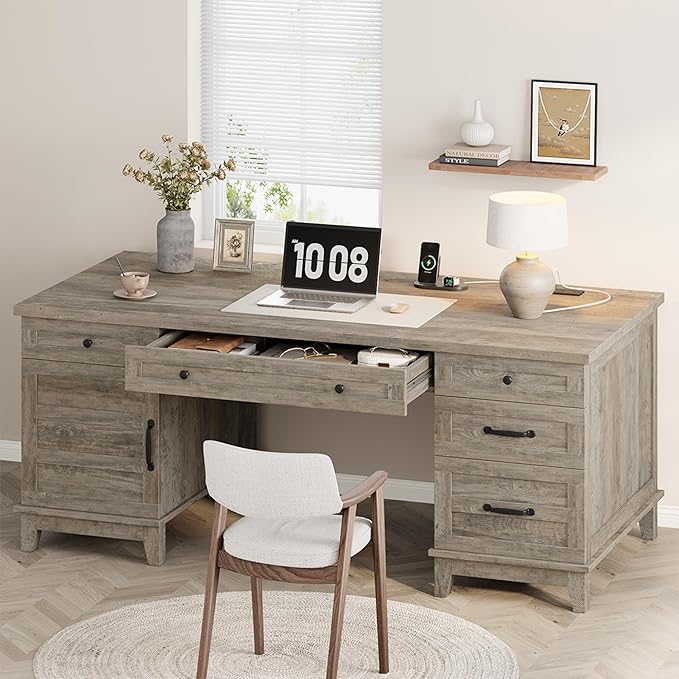 GAOMON 60in Wooden Executive Desk with 5 Drawers Office Desk Computer Table with Charging Station Farmhouse Home Office Desk with File Cabinet Storage for Study and Home Office Rustic Gray