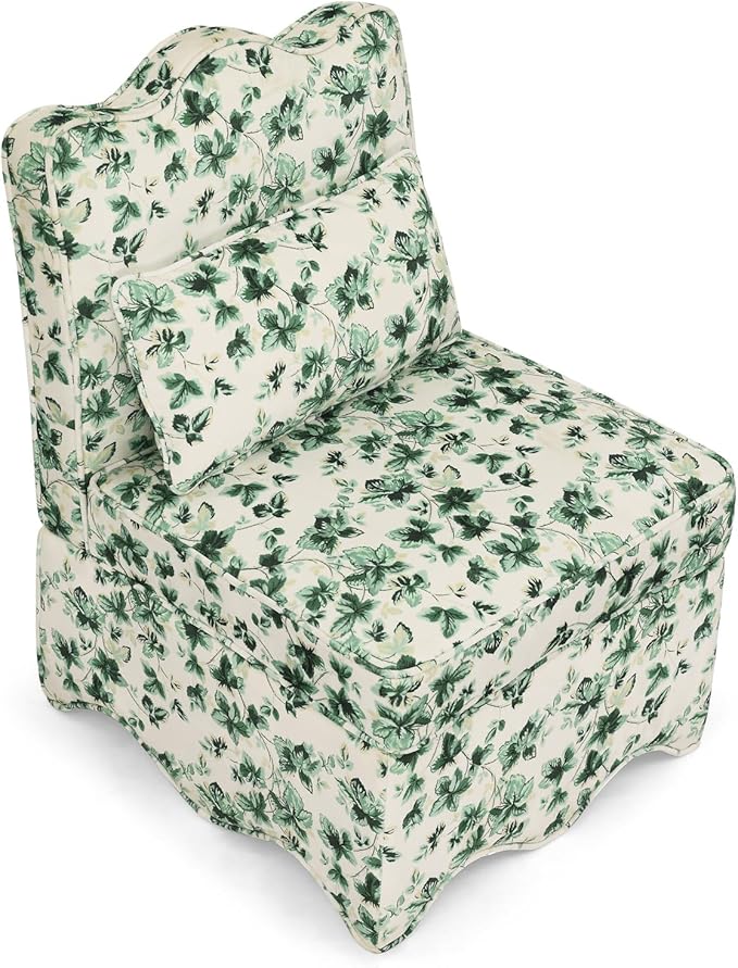 Polibi Retro Single Chair with Flower Pattern and Wave-Shape Edge Flannel Upholstered Armless Sofa Chair with Seat Cushion and Pillow for Living Room Bedroom Green Flower