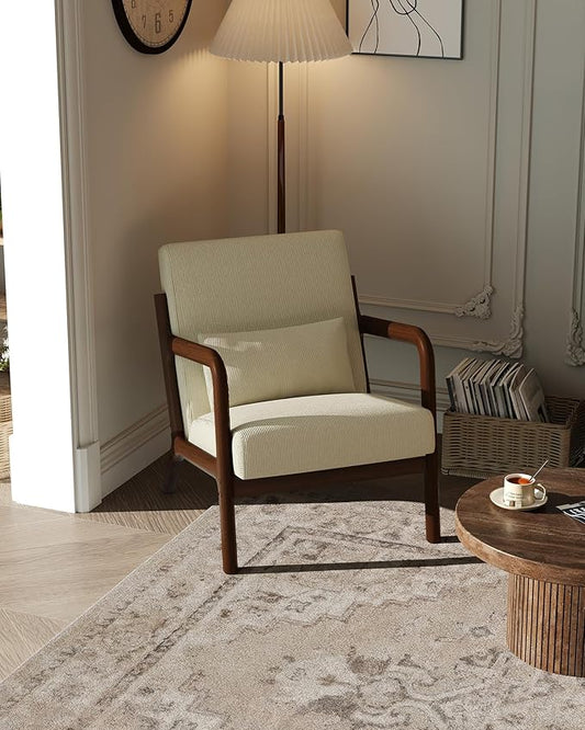 Garvee Mid-Century Modern Accent Chair Fine Wale Corduroy Upholstery Solid Wood Armchair with Removable Lumbar Pillow Sturdy Reading Chair for Living Room Bedroom Guest Room Easy Assembly Beige