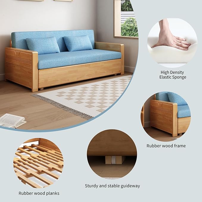 71 Blue Cushion Convertible Sofa Sleepersectional Sleeper Sofa with Reversible ChaiseLog Color Wood Sofa Bed 3 in 1 Pull Out CouchWooden Sofa Bed for livingroomApartmentBedroomOffice