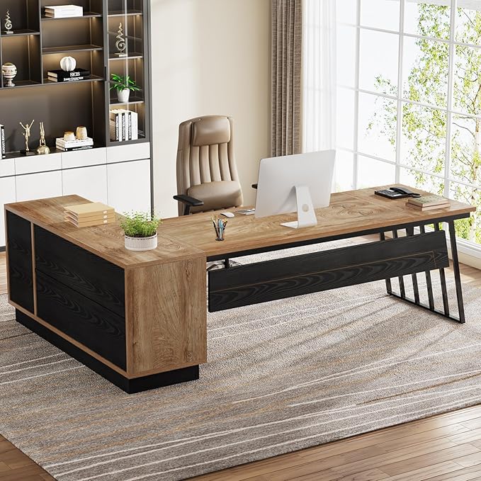 Tribesigns 71-Inch Executive Desk L-Shaped Desk with Cabinet Large Office Desk with Drawers and Storage Shelves Writing Table Computer Desk for Home Office Oak and Black