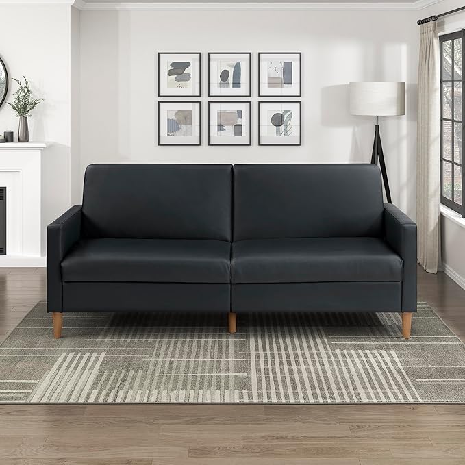 Lexicon 79W Convertible Futon Sofa Bed Loveseat Faux Leather Upholstered Couch Sleeper Adjustable Backrests Padded Pocket Coil Solid Wood Legs for Living Room Bedroom Apartment Office Black