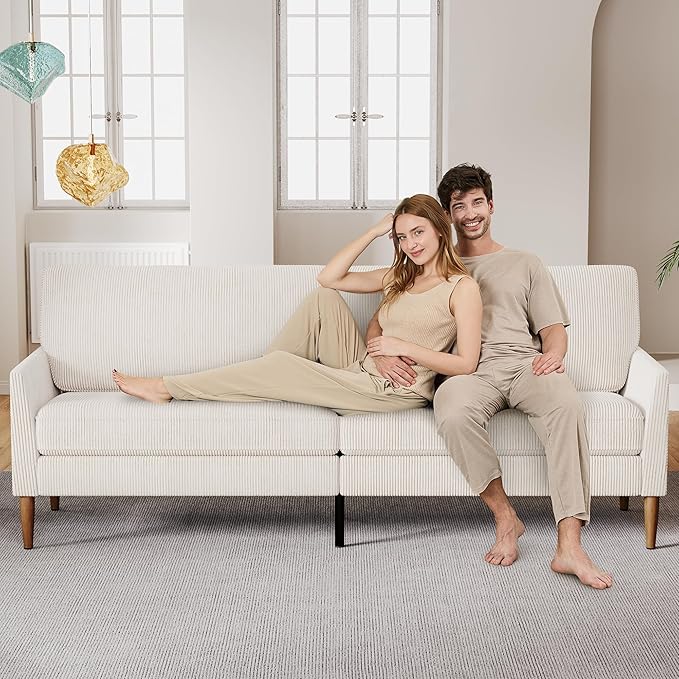Vipbear 88 Loveseat Sofa - Cream White Comfy Corduroy with Spring Cushion Solid Wood Frame Modern Deep Seat Bedroom &amp Living Room Office Couch