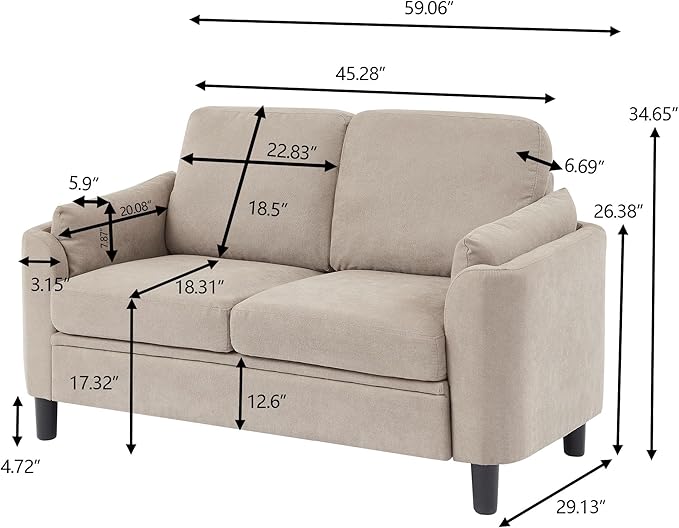 Small Loveseat Sofa60 Modern Love Seat Couch with Back Cushions and Wood Legs 2 Seater Mid Century Couches for Living Room Bedroom Small Spaces(Beige)