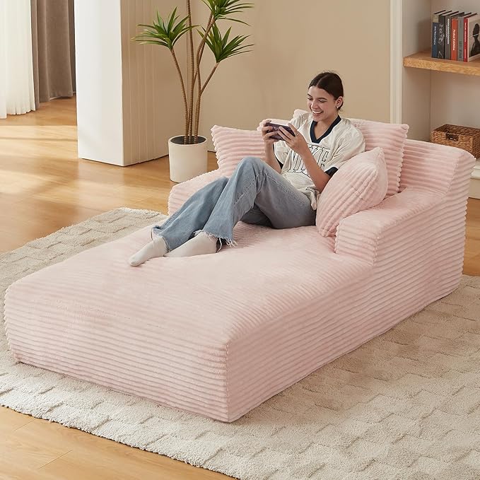 Avenix 79” Oversized Chaise Lounge Chairs Indoor Corduroy Boneless Chaise Lounges Chairs Indoor Deep Seat Big Comfy Reading Chair Cloud Sleeper Chair Sofa Couch Bed for Living Room Pink