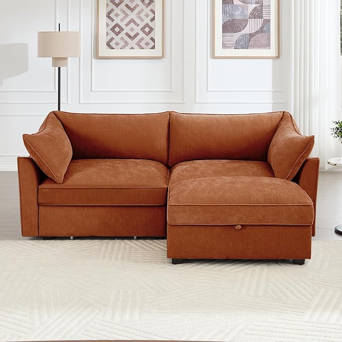 Modular Sectional Sofa with Pull Out Storage Drawers 78.7 L-Shaped Comfy Chenille 2-Seat Sofa with Storage Ottoman Upholstered Deep Loveseat Couch with 2 Pillows for Living Room Orange