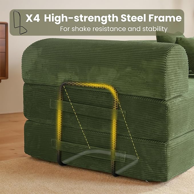 79 Convertible Sofa Bed Boneless Corduroy Sleeper Foldable Modular Couch Memory Foam Compressed Sofa in A Box Folding Mattress Floor Couch for Small Space Living Room Apartment Bedroom Green