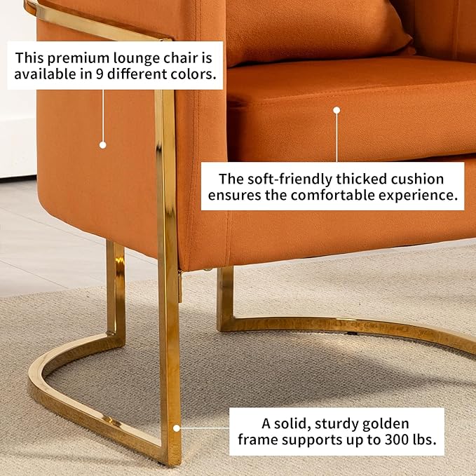 Velvet Modern Accent Chair Upholstered Barrel Armchair Mid Century with Pillow for Living Room Comfy Single Vanity Chair with Metal Gold Legs for Bedroom Orange