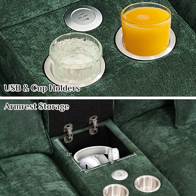 163 Oversized Modular Sectional Sofa U Shaped Cloud Couch Modern 6 Seat Sofa Set for Living Room Comfy Chenille Deep Seat with Storage Central Console Movable Ottomans Cup Holders USB Ports Green