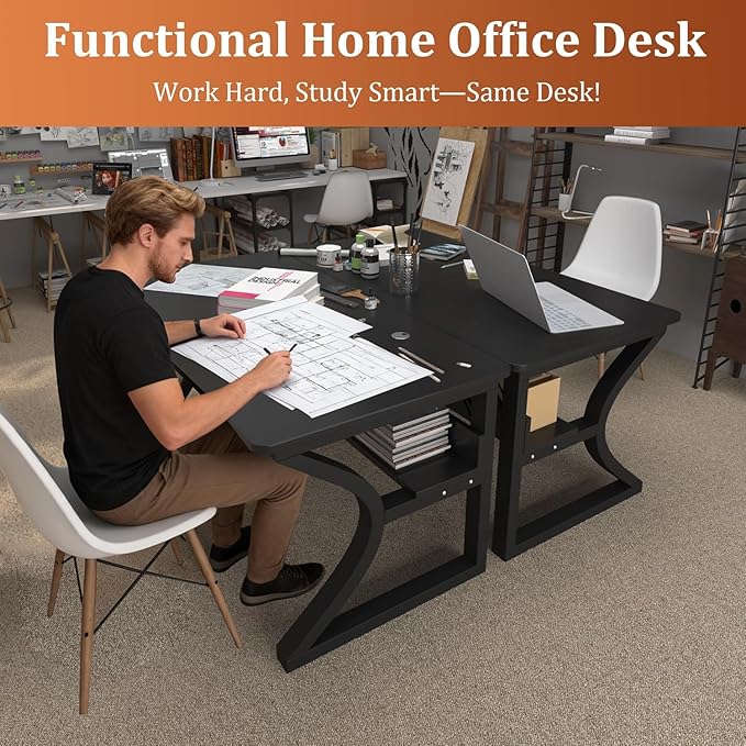 47 inch Computer Desk Home Office Desk with Storage Shelf Sturdy U-Shaped Metal Frame Study Table with Cable Management Gaming Desk for Office &amp Bedroom