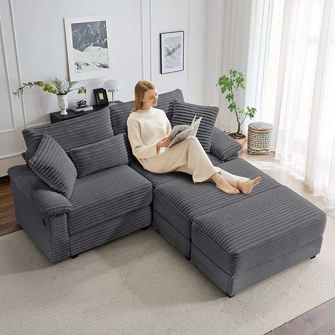SUNWAVE 74 W Double Chaise Lounge Chair Indoor Oversized Loveseat with Storage Ottoman Corduroy Couch with USB Charging Removable Ottoman and Coffee Table Cushions for Living Room Bedroom