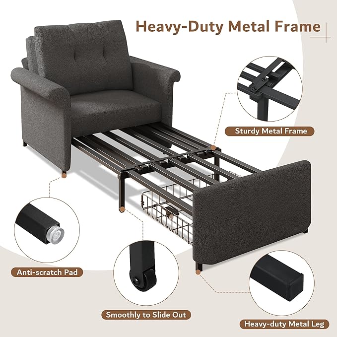 Sofa Bed Chair 3-in-1 Convertible Sleeper Chair with Storage Drawer Lambswool Fabric Pull Out Couch with Adjustable Backrest for Living Room Bedroom Office Dark Gray