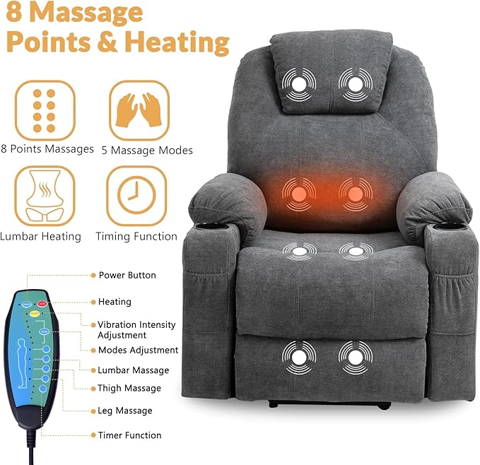 Electric Power Lift Recliner Chair with Heat and Massage for Elderly Ergonomic Lounge Chair Single Sofa Recliners for Living Room with Cup Holders USB Ports4 Pockets Soft Fabric (Gray)