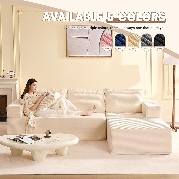 107 Boneless Couch with Deep Seat Set of Modular Sectional Sofa Cloud Sectional Couch for Living Room No Assembly Required Corduroy L-Shape Right White