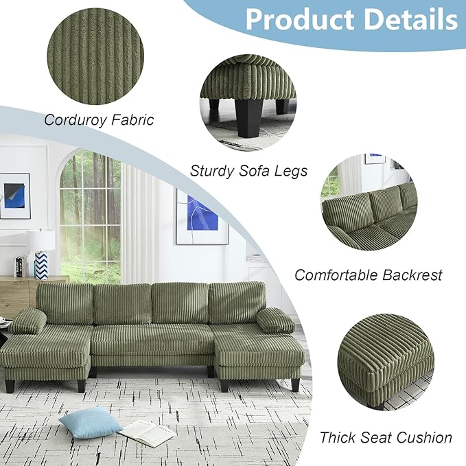 114 Cloud Couch Modular Sectional Sofa Convertible U-Shaped Couch with Double Chaise Lounge Corduroy Upholstery Sofa Double Cushions Deep Seat Sleeper Sofas Couches for Living Room Green