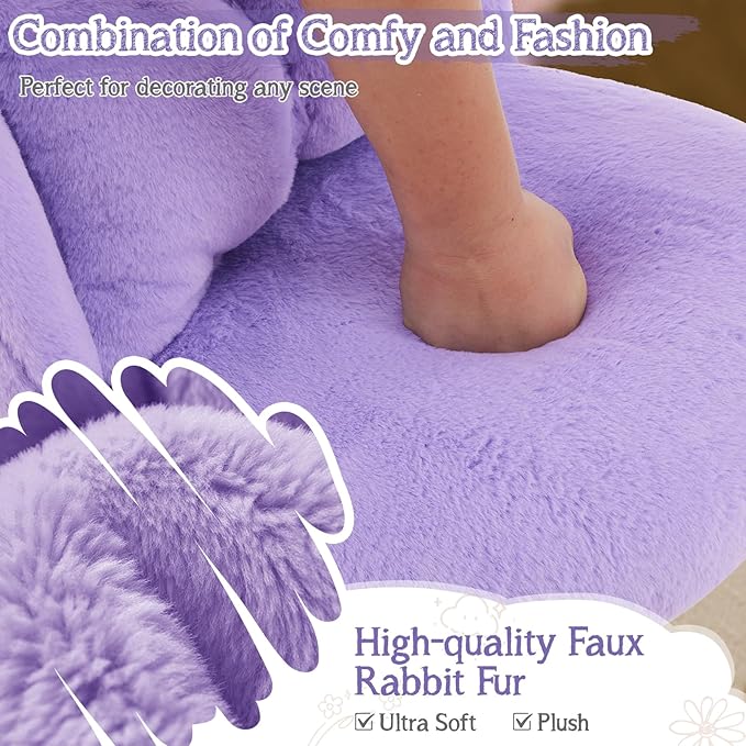 VINGLI Fluffy Girls Vanity Chair with Back &amp PillowCute Small Cozy Desk Chair No WheelsComfy Makeup Ch with Ajustable Gold Legsfor BedroomLiving RoomSmall SpacePurple