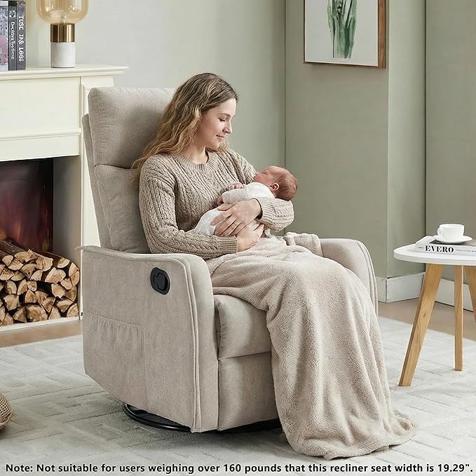 Manual 360° Swivel Rocker Recliner Chair for Adults Overstuffed Glider Chair for Nursery with Vibration Massage and Heat Comfy Soft Fabric Glider with Side Pockets for Living Room Beige