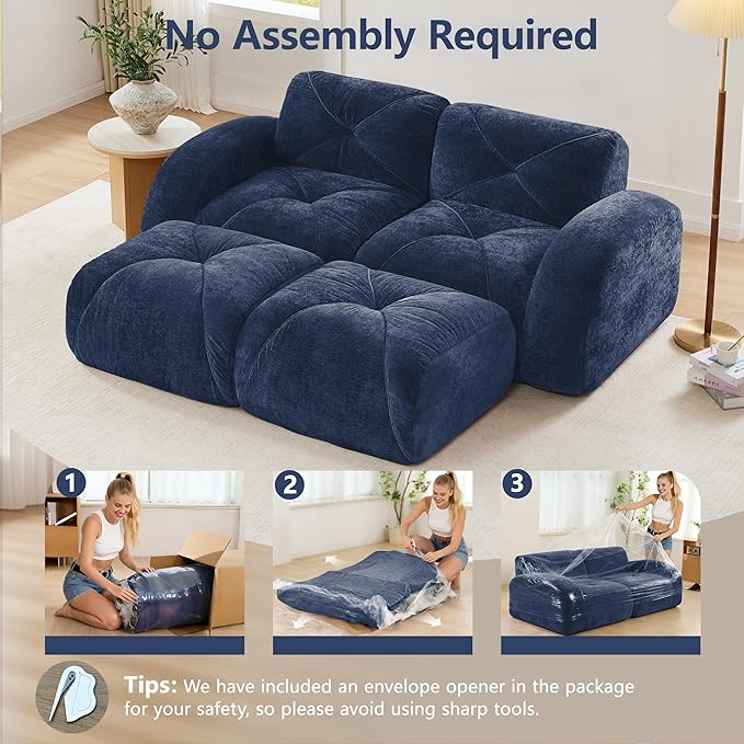 Boneless Couch Sectional Couches for Living Room 80.3'' Cloud U Shape Couch with Deep Seat Comfy Soft Velvet Modular Sectional Sofa with Ottomans Modern 2-Seater Boneless Sleeper Sofa Blue