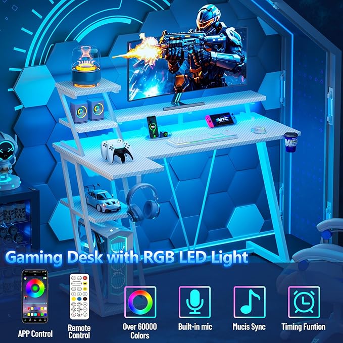 40 Inch White Gaming Desk with LED Lights &amp Power Outlet Small Gaming Computer Desk with Storage Shelves L Shaped Gamer Workstations with Monitor Stand for Bedroom