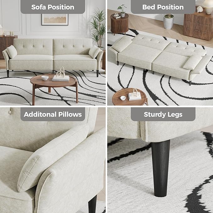 89” Futon Sofa Bed Comfy Futon Couch Bed with 2 Square PillowsConvertible Sleeper Sofa with Adjustable Backrest&amp Armrests Modern Loveseat Sleeper for Living RoomVelvet Fabric White