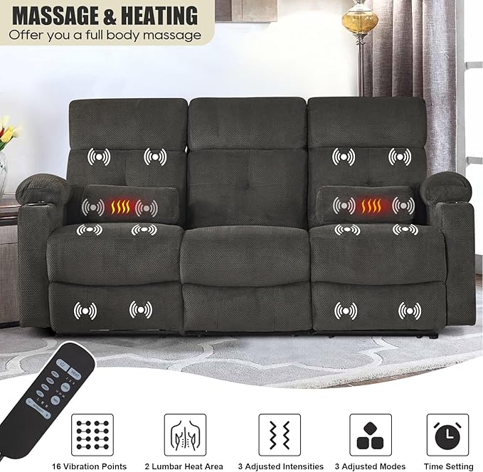 Power Reclining Sofa with Heat and Massage Electric Reclining Couch with Extended Footrest Wall Hugger Recliner Sofa 3 Seater with USB&ampType-c Ports for Living Room Bedroom(Grey)
