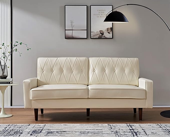 Container Furniture Modern Style Faux Leather Sofa with Elegant Round Tapered Legs and Button Tufted Backrest Perfect for Living Room Bedroom or Home Office 69.3’’ Wide White