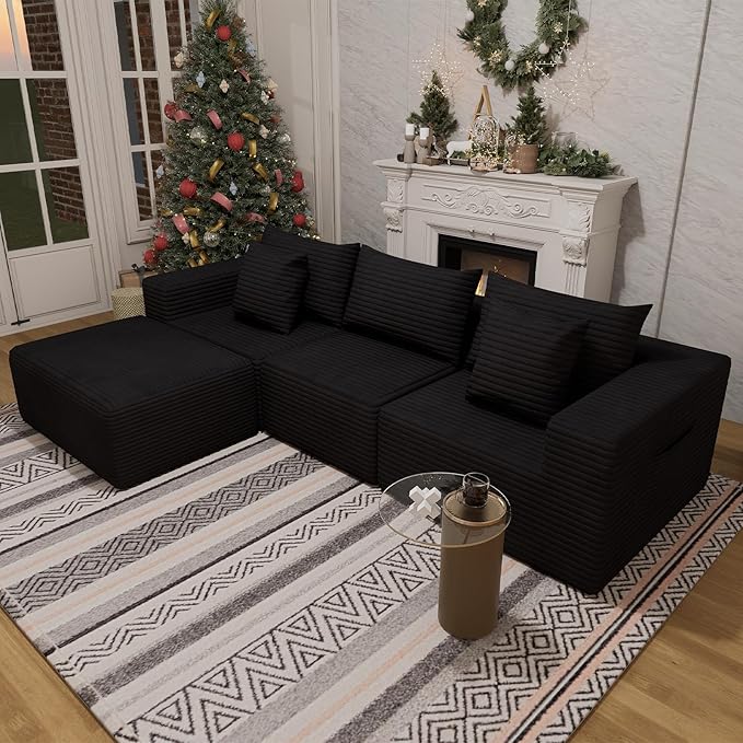 Modular Sectional Sofa Deep Seat Cloud Couch with Throw Pillows Fluffy Comfy Boneless Couch Freely Convertible Memory Foam Sofa for Living Room Apartment Bedroom (Black 4 Seater)