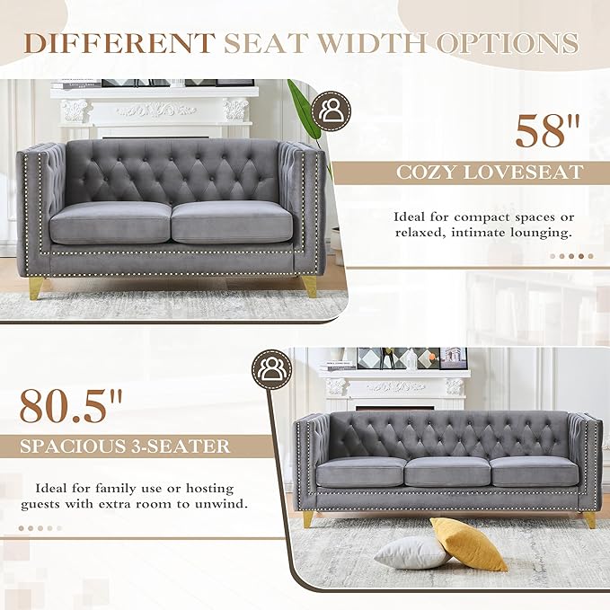 58 Chesterfield Sofa Comfy Velvet Button Tufted Mid Century Modern Couch Cloud Futon Small Loveseat Grey with Gold Legs and Nailhead Deep Seat Sofas for Living Room Office (Dark Grey 2 Seater)