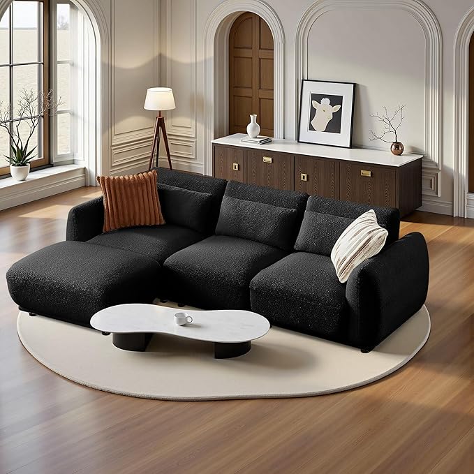 Sectional Sofa Couch Modern U Shaped Sectional Couch with Ottoman Modular Sectional Sofa Cloud Couches for Living Room (Black 3 Set + 1 Ottoman)