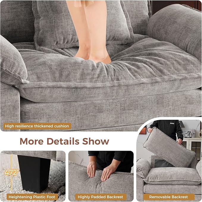 HUSFU 49.5'' Oversized Accent Chair with Ottoman Chenille Cloud Couch Chair with Deep Seat and Extra Wide Armrests Comfy Reading Armchair for Bedroom Living Room Set of 2 Gray