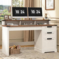 Vabches 55 Farmhouse Executive Desk with 3 Drawers Wooden Computer Desk with Keyboard Tray Home Office Desk with File Drawer (Fits A4 Size) for Work and Study White and Brown