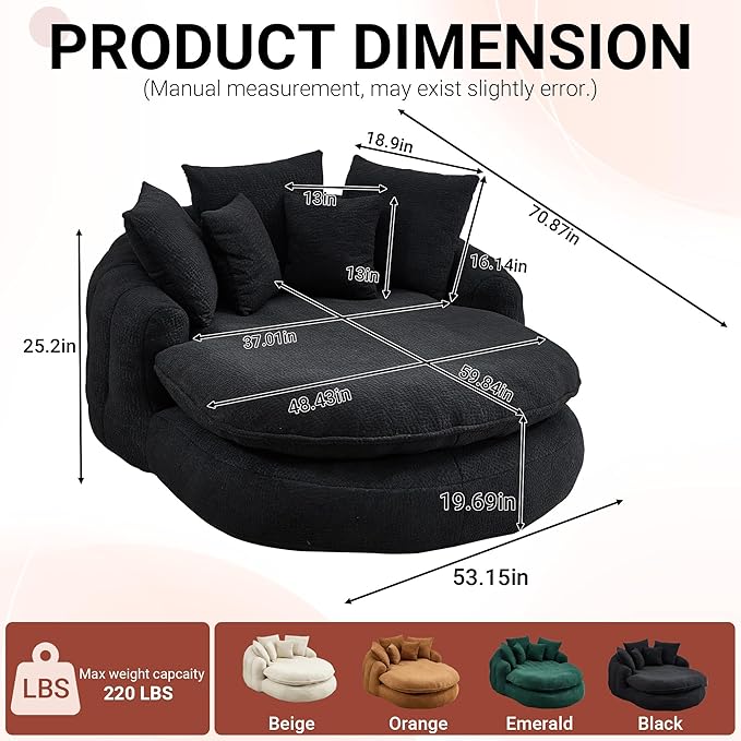 71 Oversized Round Chair Giant Bean Bag Couch Chairs for Adults Fluffy Chenille Boneless Couch Circle Bed with 5 Pillows Extra Deep Seat for Living Room Lounge No Assembly Required (Black)