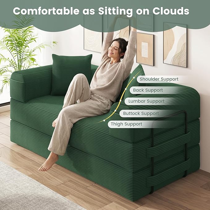 80 Convertible Sofa Bed 5 in 1 Modular Boneless Couch Sleeper Sofa Bed with Fixed Frame &amp Removable Backrest Pillow Washable Corduroy Futon Sofa Bed Couch in a Box for Small Spaces Dark Green