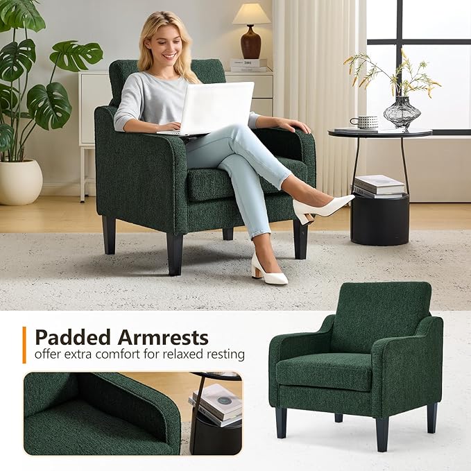 VINGLI Accent Chair for Living Room Chairs Reading Chair for Bedroom Chair Scooped Arm Chair Mid Century Modern Accent Chairs Upholstered Comfy Chair for Apartment Waiting Room (2 Dark Green)