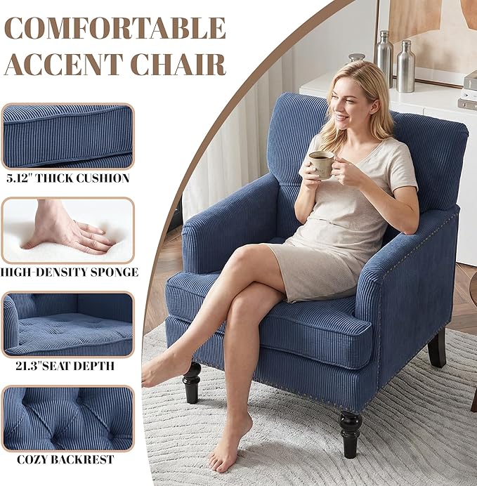 Tufted Corduroy Armchair with Nailhead TrimMid Century Modern Fabric Upholstered Accent Side Chair for Living Room Bedroom26.4 Arm Chair with Solid Wood LegsReading Club Chair (1 Blue)