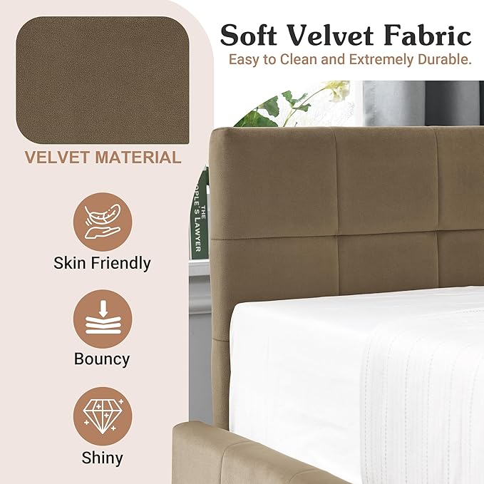 Queen Corner Bed Frame with Storage Drawers Modern Velvet Upholstered Sofa Day Bed Frame with Wood Slats for Living Room Bedroom Guest Room No Box Spring Needed Brown