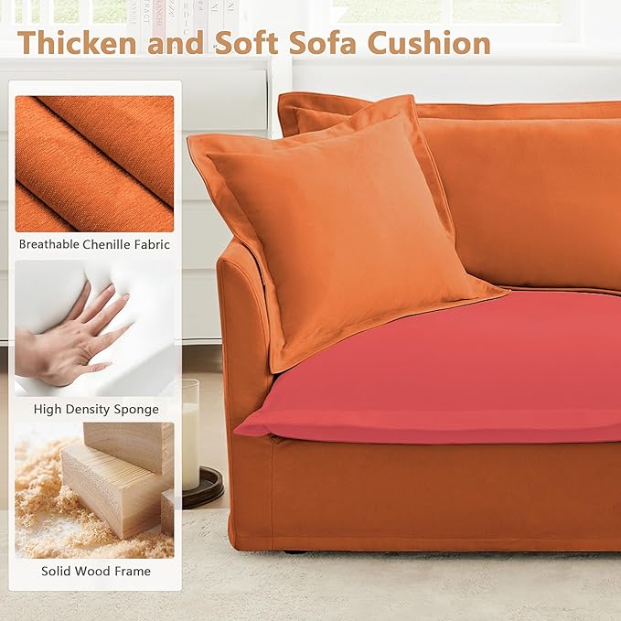 Modern Single Sofa Chair 49 Slipcovered Armchair Oversized Upholstered Accent Chair Comfy Cloud Deep Seat Sofa Chair with 2 Throw Pillows for Living Room Bedroom Apartment Chenille Orange