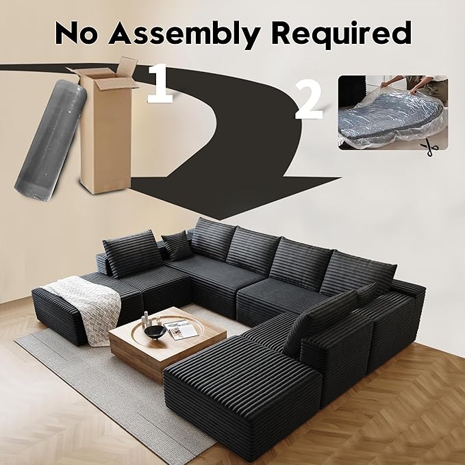 139.4 Cloud Sectional Sofa for Living Room Plush Corduroy Cover Fluffy Memory Foam Cushions No Assembly Required U Shaped Modular Chaise Lounge Oversized Comfortable Couches Set Black