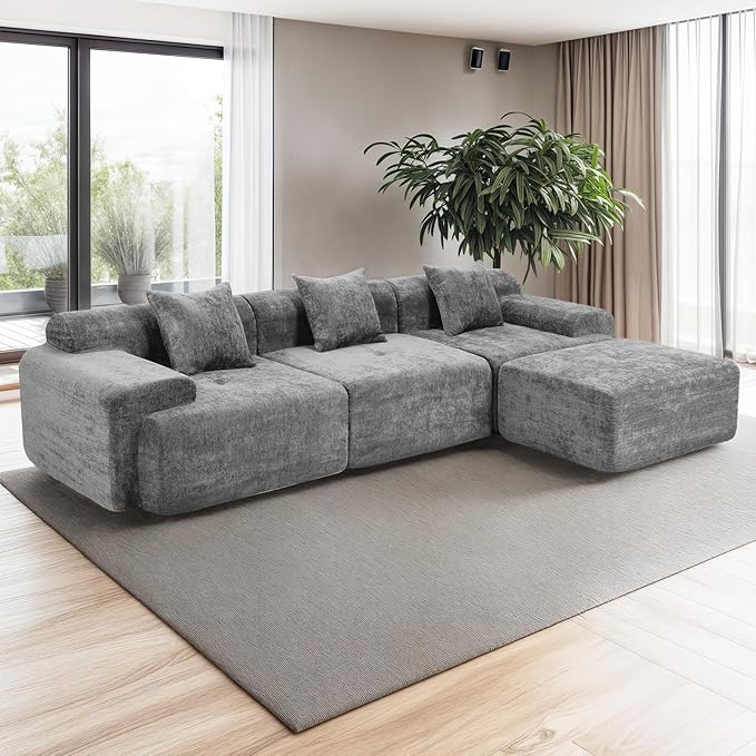 119’’ Modular Sectional Sofa Cloud Sectional Couch with Deep Seat Modern Modular Compression Sofa Couch with Chaise Upholstered Couches Throw Pillows for Living Room Bedroom Grey