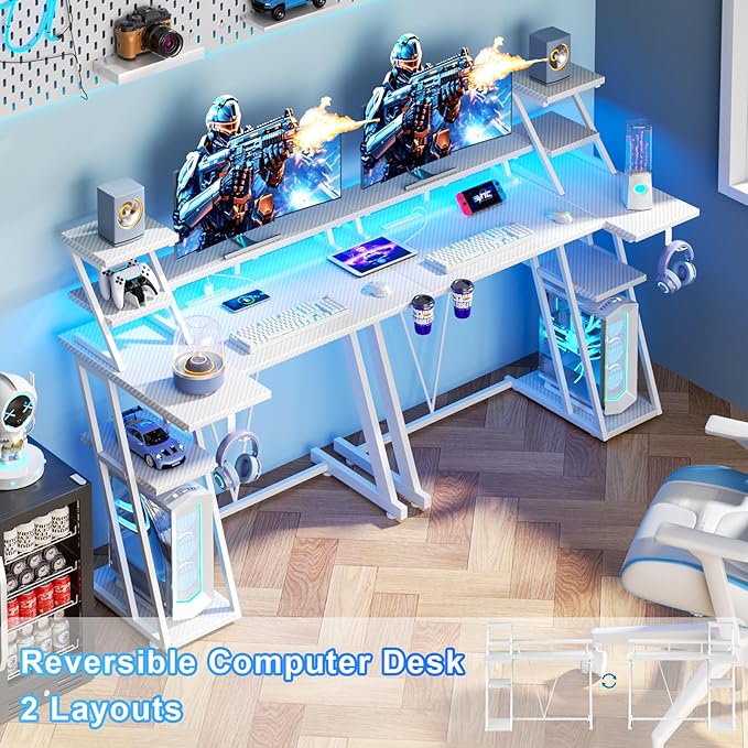 40 Inch White Gaming Desk with LED Lights &amp Power Outlet Small Gaming Computer Desk with Storage Shelves L Shaped Gamer Workstations with Monitor Stand for Bedroom