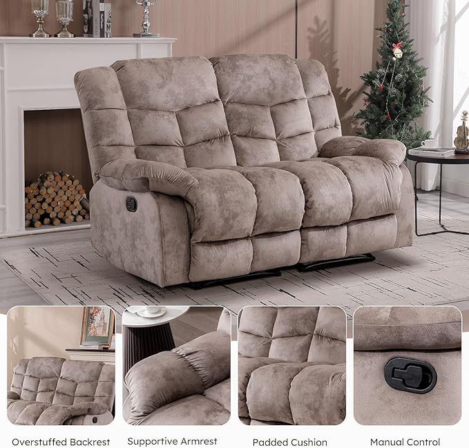 EBELLO Loveseat Recliner Sofa for Living Room Extra Wide Modern Overstuffed 2 Seat Reclining Manual Sofa Chair Breathable Fabric and Padded Cushion Light Brown
