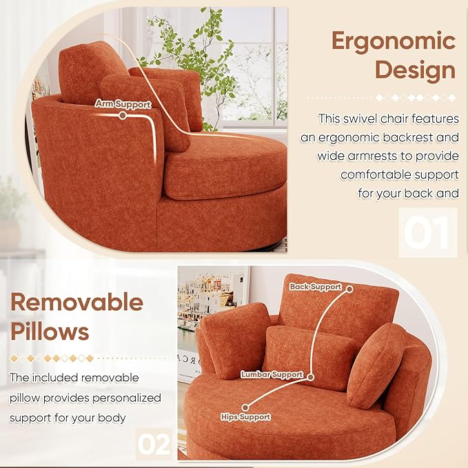 Oversized Swivel Accent Chair with Half Moon Storage Ottoman 42 W Chenille Round Swivel Barrel Chair Modern Upholstered Comfy Single Sofa Armchair for Living Room Bedroom Club(Orange)